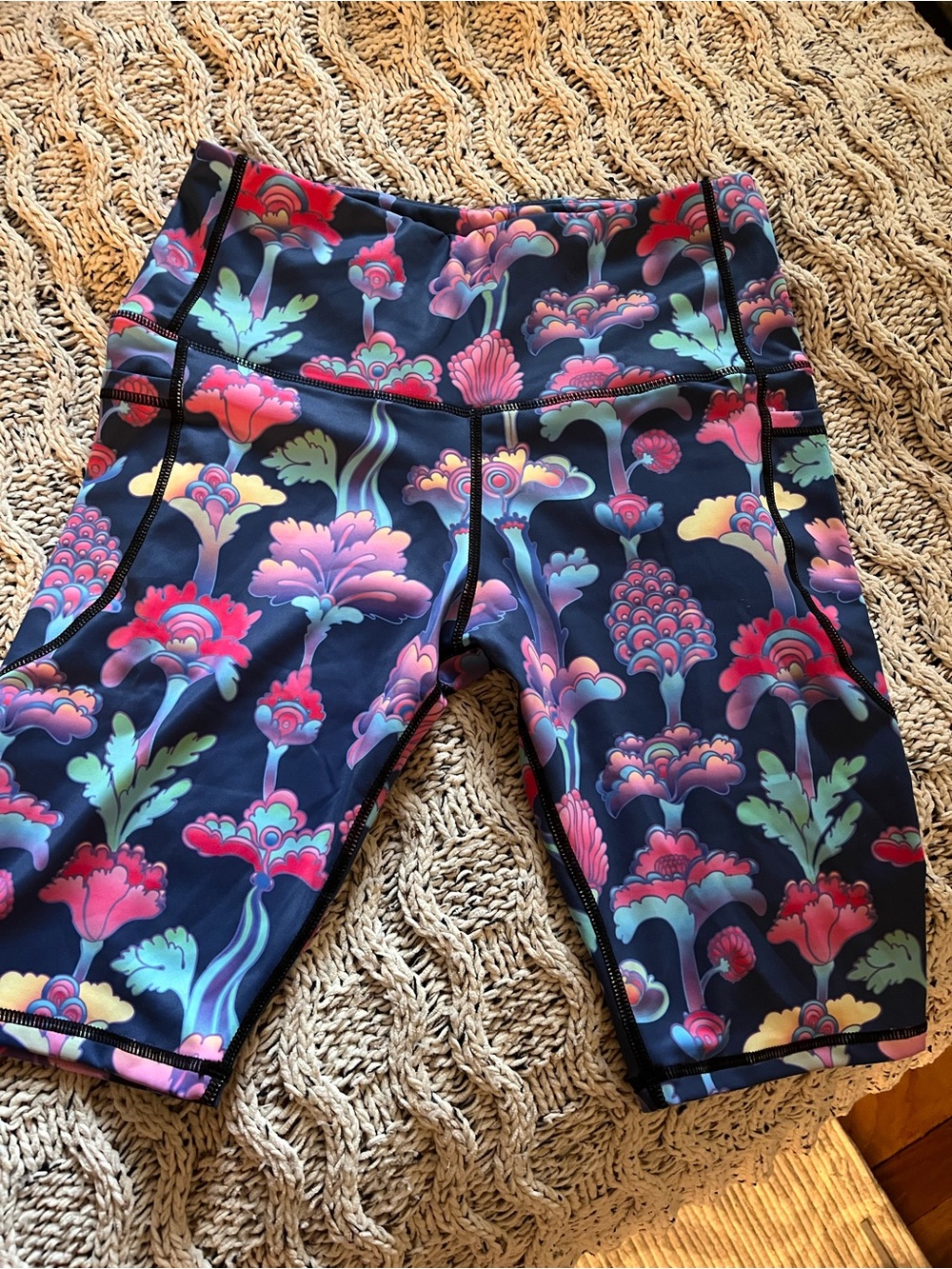 High-Rise Floral Print Bike Shorts — Navy with Multicolor Flowers